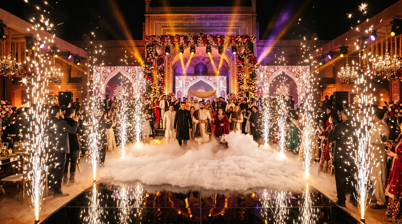 Dramatic Groom Arrival with Synchronized Cold Spark Pyrotechnics and Low Fog