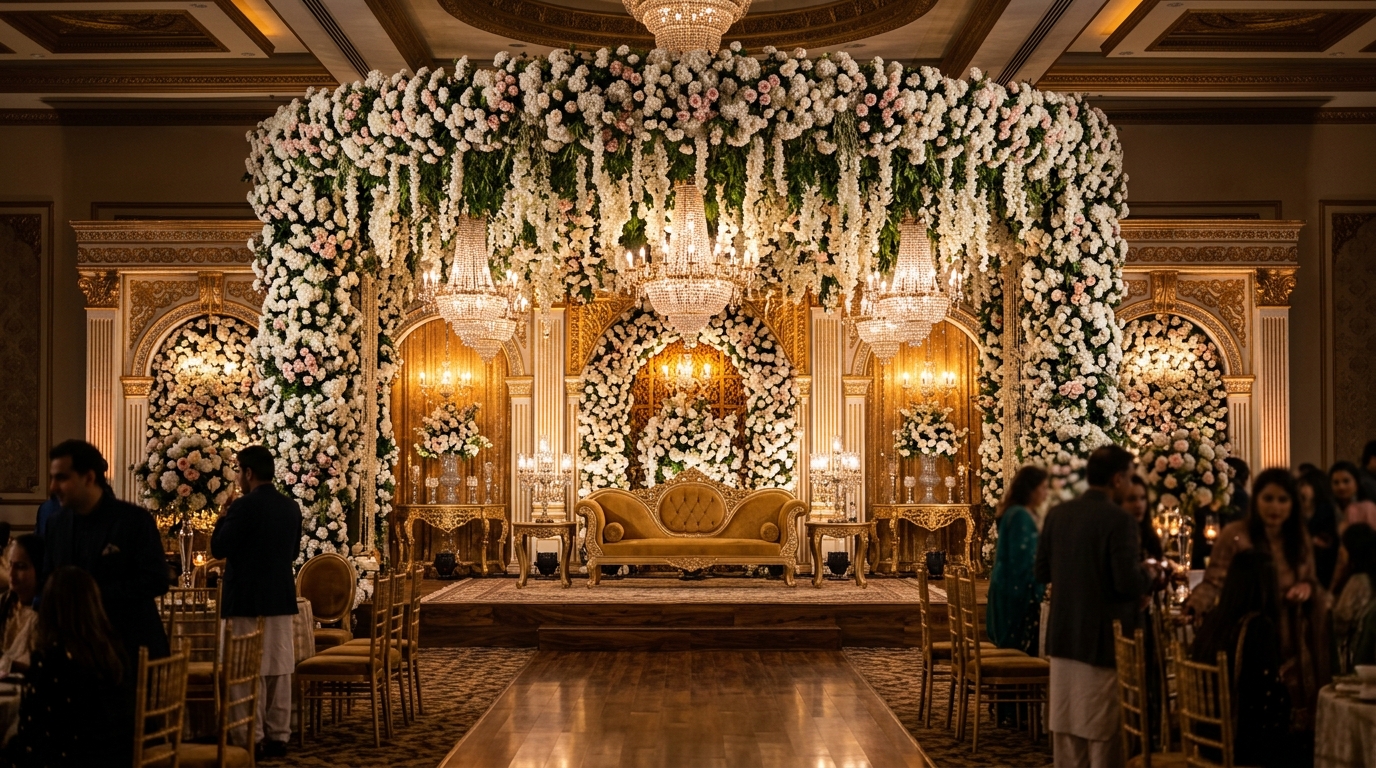 Grand Imperial Barat Wedding Stage with Swarovski Chandeliers and Blush Roses