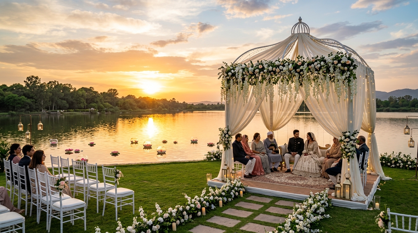 Romantic Sunset Lake Side Lawn Waterfront Nikah Ceremony Setup - DHA Raya & Golf Resort Enclave