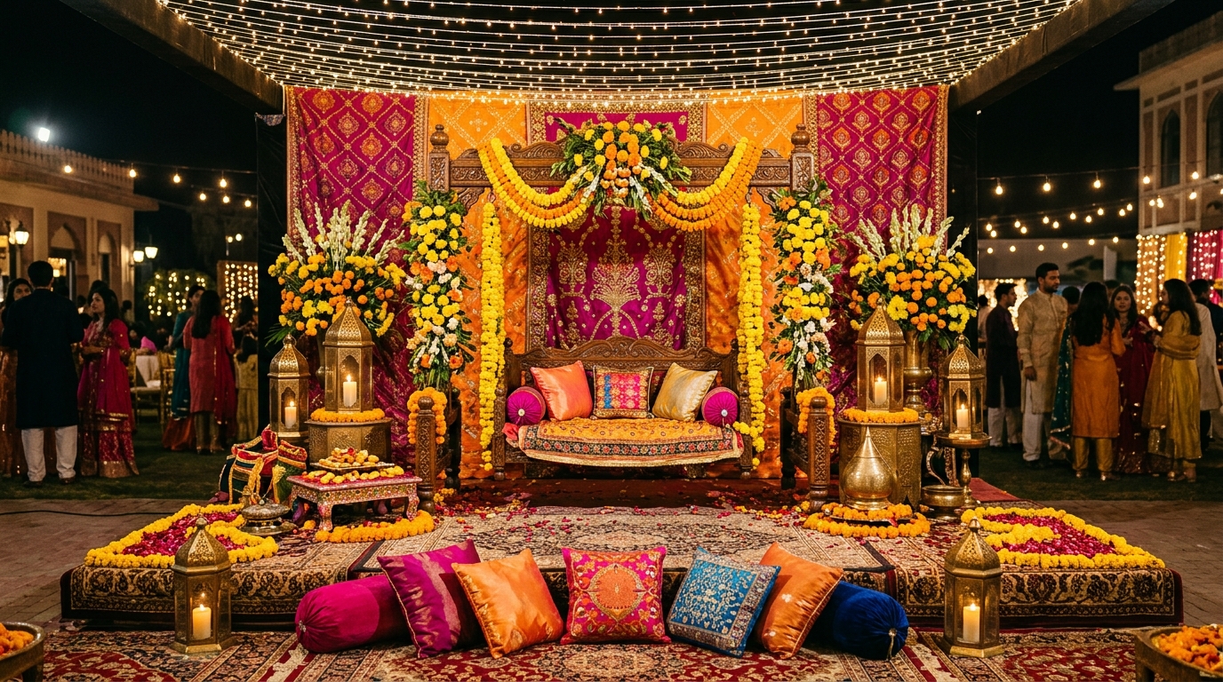 Vibrant Luxury Floral Swing Jhoola and Marigold Scenography for Mehndi - DHA Raya & Golf Resort Enclave