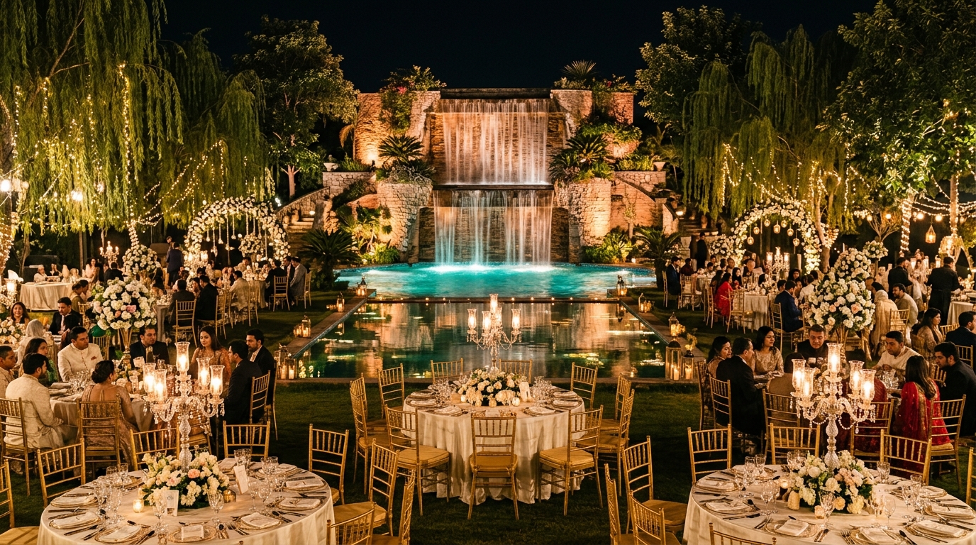 Illuminated 40ft Cascading Waterfall Lawn Night Banquet at J5 Resort - Melbourne & Victoria Australian Diaspora